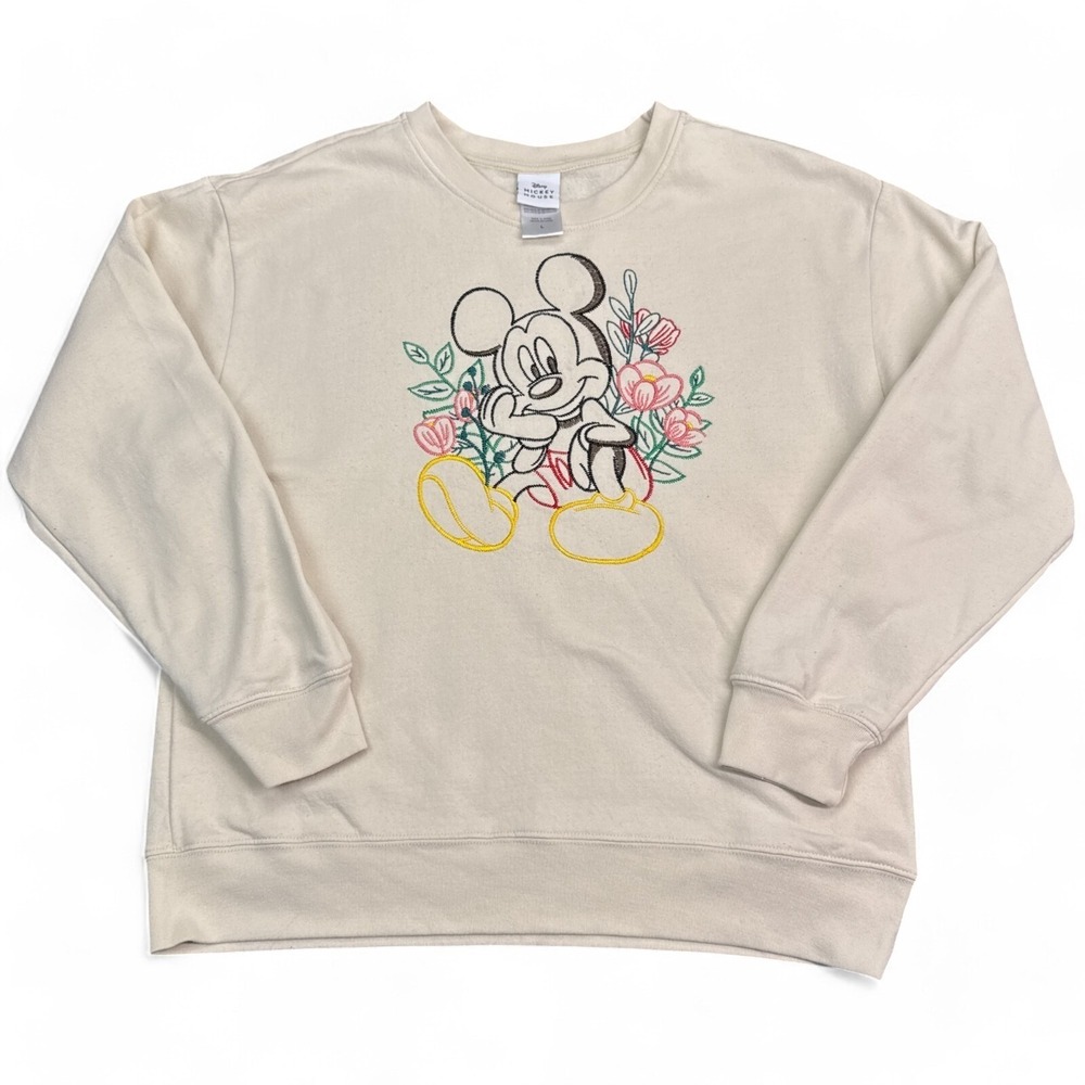 Disney Mickey‎ Mouse Fleece Sweatshirt Womens Size Large Tan Beige Crew Neck